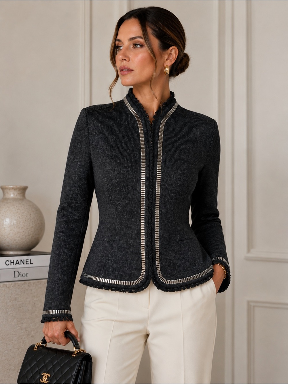 St John Collection Charcoal Knit Jacket Metallic Trim Fringe Blazer Hook Front 4